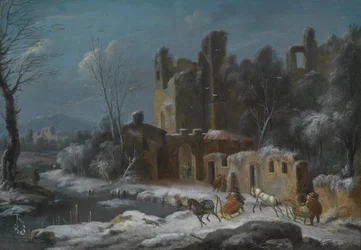 A Winter Landscape with Travelers in Horse-Drawn Sleighs Before Ruins